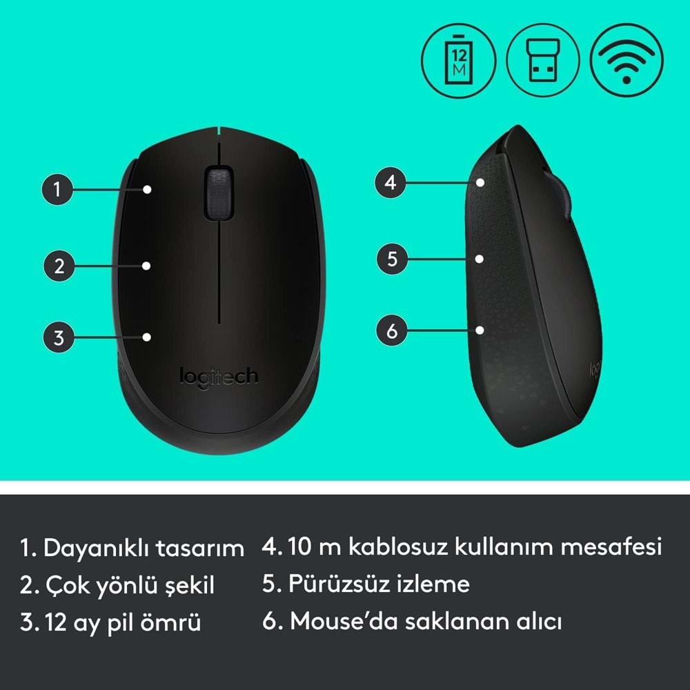 Logitech B170 USB Alıcılı Kablosuz Mouse, Siyah