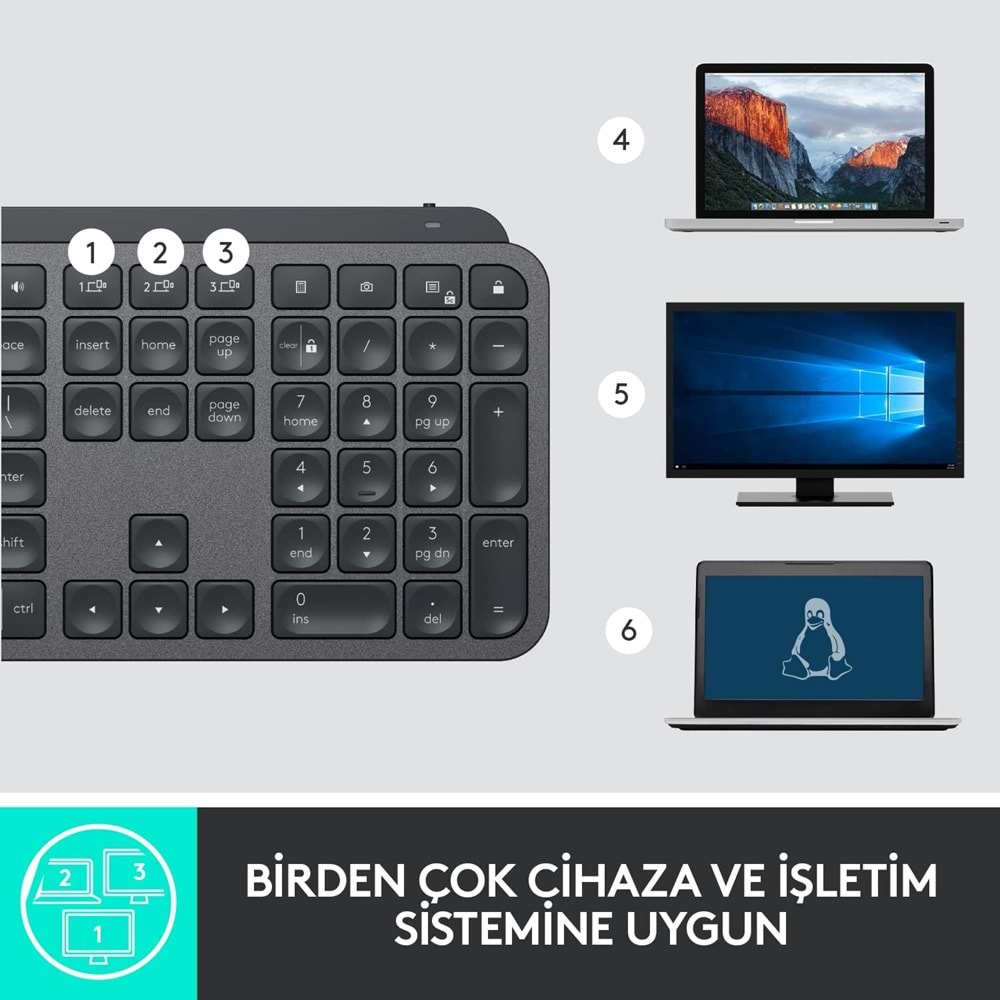Logitech MX Keys Aydınlatmalı Tam Boyutlu Kablosuz Türkçe Q Klavye, Siyah