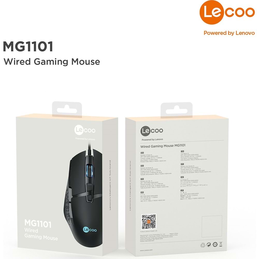 Lenovo Lecoo MG1101 Kablolu RGB LED Aydınlatmalı 6400DPI 8 Tuşlu Gaming Mouse Siyah