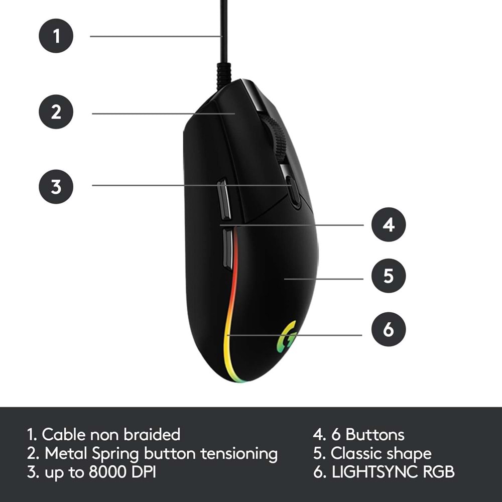 Logitech G203 Lightsync RGB Aydınlatmalı 8.000 DPI Kablolu Oyuncu Mouse, Siyah
