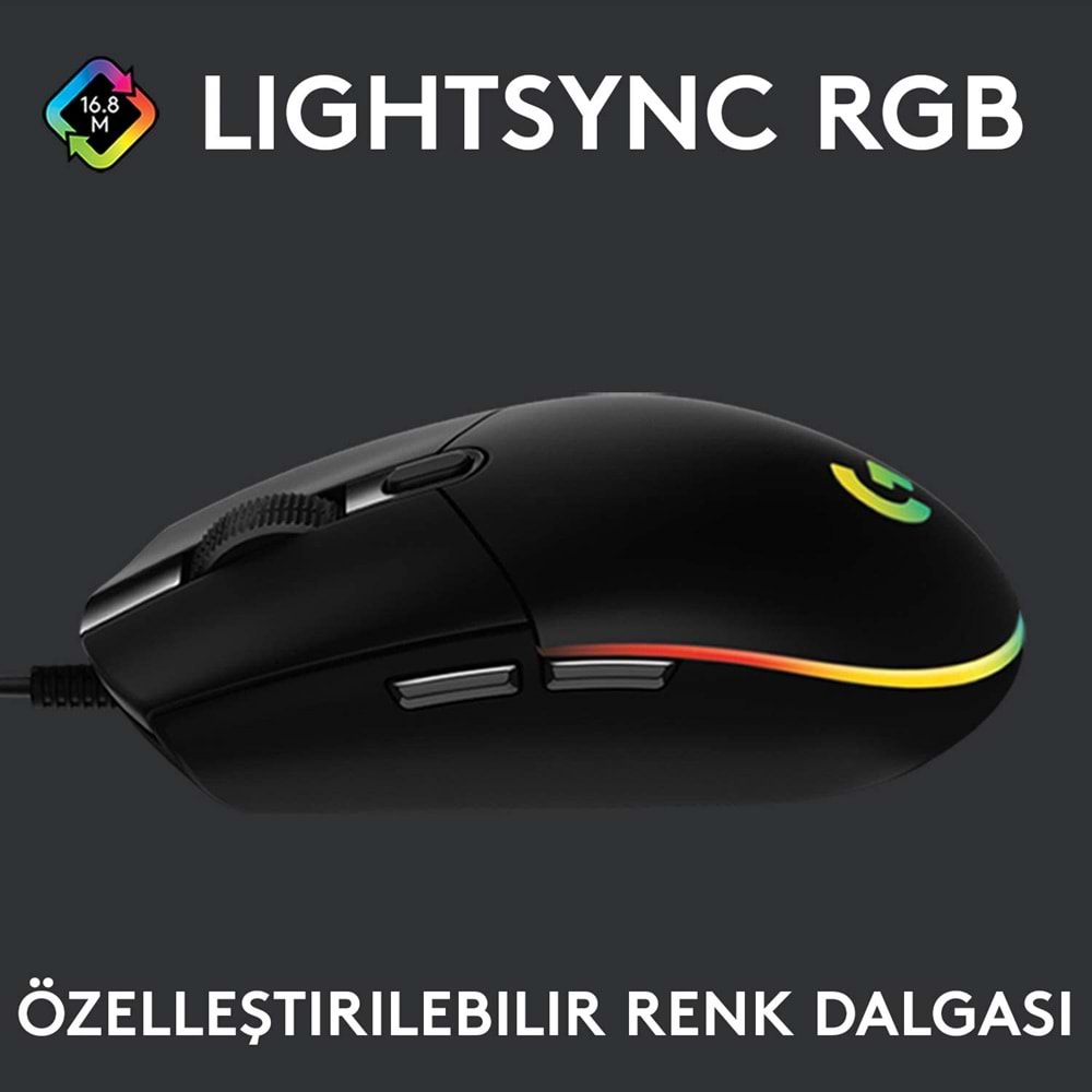 Logitech G102 Lightsync RGB Aydınlatmalı 8.000 DPI Kablolu Oyuncu Mouse, Siyah