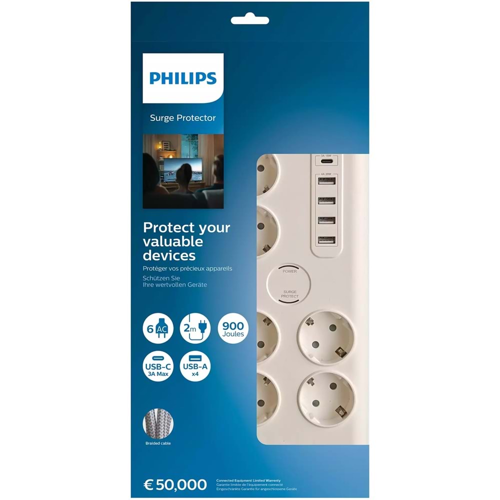 Philips SPN7060 Akım Korumalı Priz 6lı 2mt 900J 5 USB Şarj Girişli 40W, Beyaz