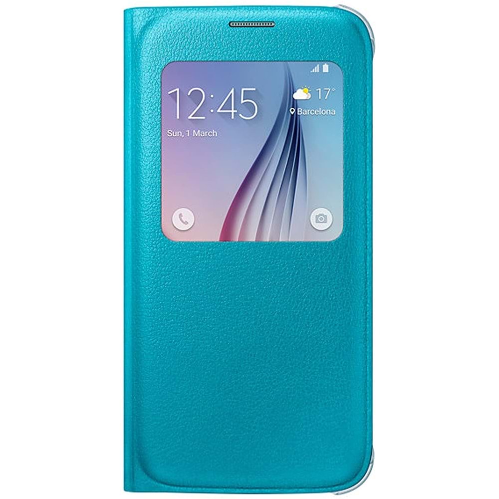 Samsung Galaxy S6 S-View Cover (Deri Görünümlü) Orjinal Kapaklı Kılıf, Mavi