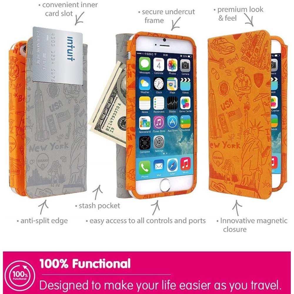 Ozaki Travel iPhone 6 ve 6S için Kapaklı Kılıf, Cüzdan Kılıf, Turuncu