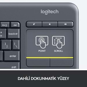 Logitech K400 Plus Dokunmatik Yüzeyli USB Bağlantılı Türkçe Q TV Klavyesi, Siyah