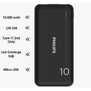 Philips DLP1810NB 10.000mAh Powerbank Taşınabilir Şarj Cihazı, Siyah