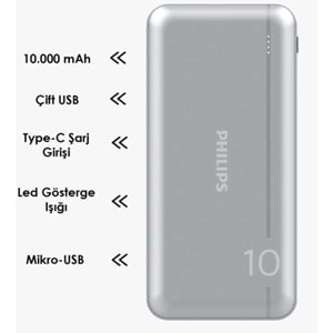 Philips DLP1810NV 10.000mAh Powerbank Taşınabilir Şarj Cihazı, Gümüş