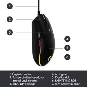 Logitech G102 Lightsync RGB Aydınlatmalı 8.000 DPI Kablolu Oyuncu Mouse, Siyah