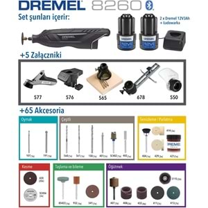 Dremel 8260-5/65 Li-ion Akülü El Motoru 65 Aksesuar + 5 Bağlantı parçası + Alüminyum Çanta