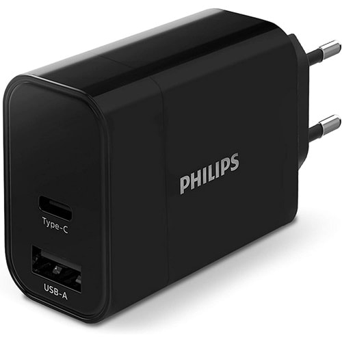 Philips DLP2621/12 USB Şarj Cihazı, USC-C ve USB-A Çıkışları, 30W PD Hızlı Şarj, siyah