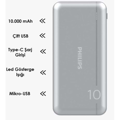 Philips DLP1810NV 10.000mAh Powerbank Taşınabilir Şarj Cihazı, Gümüş
