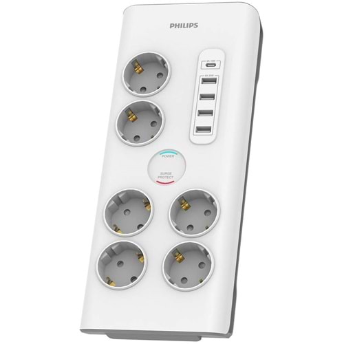 Philips SPN7060 Akım Korumalı Priz 6lı 2mt 900J 5 USB Şarj Girişli 40W, Beyaz