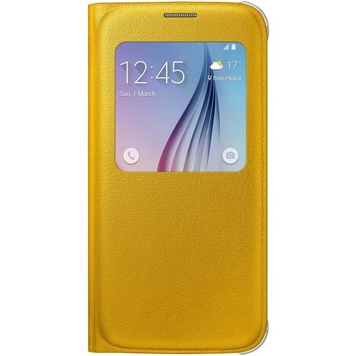 Samsung Galaxy S6 S-View Cover (Deri Görünümlü) Orjinal Kapaklı Kılıf, Sarı