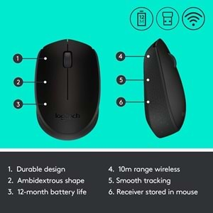 Logitech M171 USB Alıcılı Kablosuz Mouse, Siyah