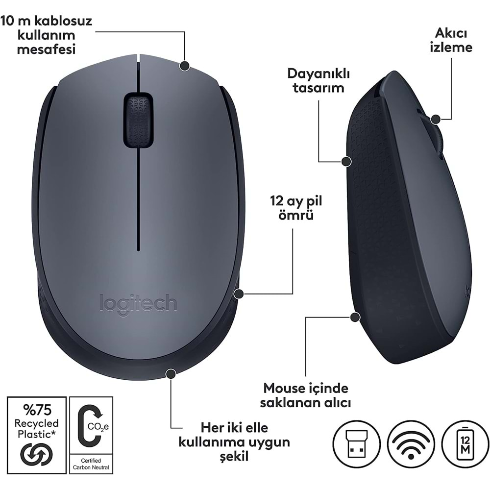 Logitech M170 USB Alıcılı Kablosuz Mouse, Gri