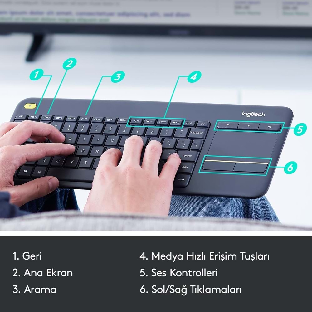 Logitech K400 Plus Dokunmatik Yüzeyli USB Bağlantılı Türkçe Q TV Klavyesi, Siyah