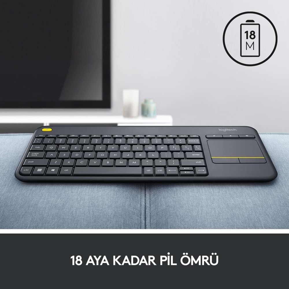 Logitech K400 Plus Dokunmatik Yüzeyli USB Bağlantılı Türkçe Q TV Klavyesi, Siyah