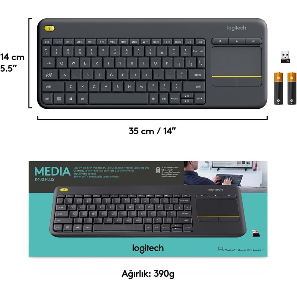 Logitech K400 Plus Dokunmatik Yüzeyli USB Bağlantılı Türkçe Q TV Klavyesi, Siyah