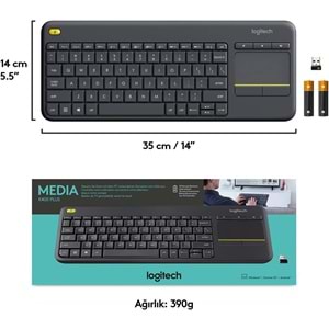Logitech K400 Plus Dokunmatik Yüzeyli USB Bağlantılı Türkçe Q TV Klavyesi, Siyah