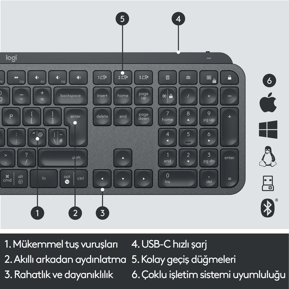 Logitech MX Keys Aydınlatmalı Tam Boyutlu Kablosuz Türkçe Q Klavye, Siyah