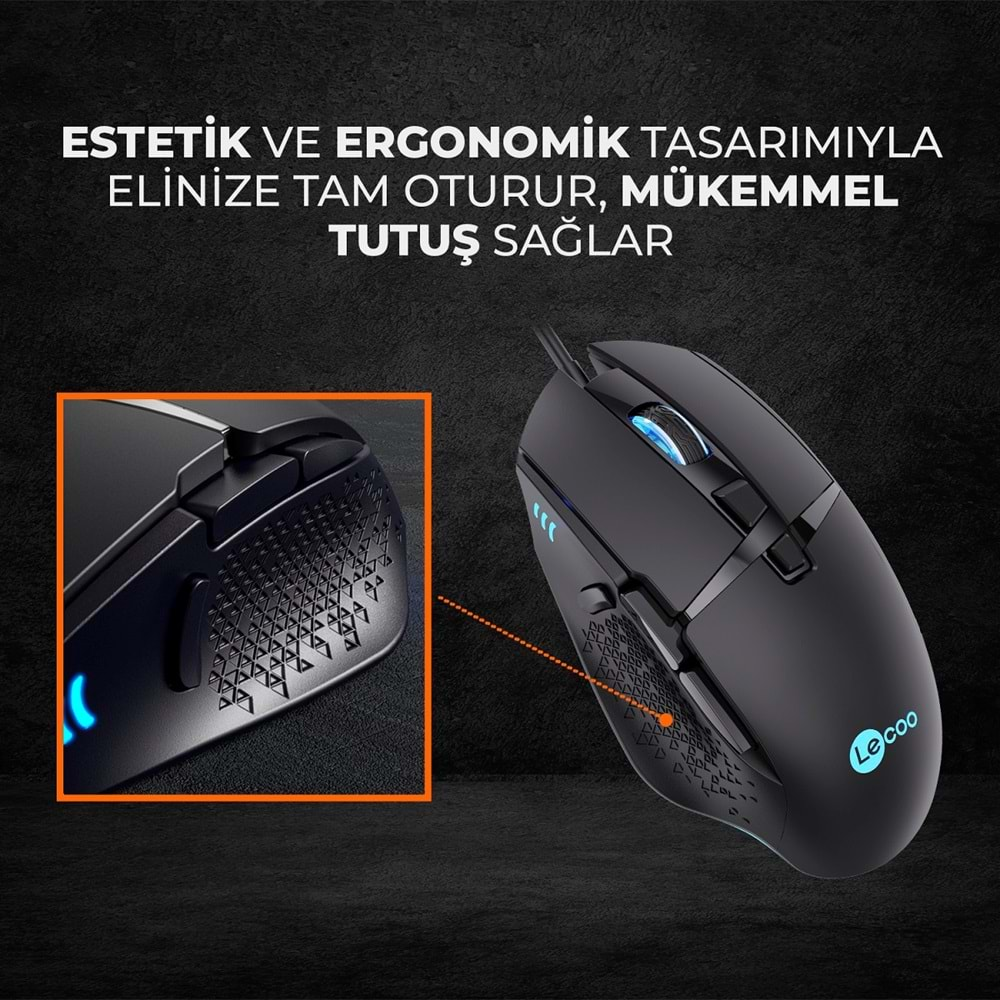 Lenovo Lecoo MG1101 Kablolu RGB LED Aydınlatmalı 6400DPI 8 Tuşlu Gaming Mouse Siyah