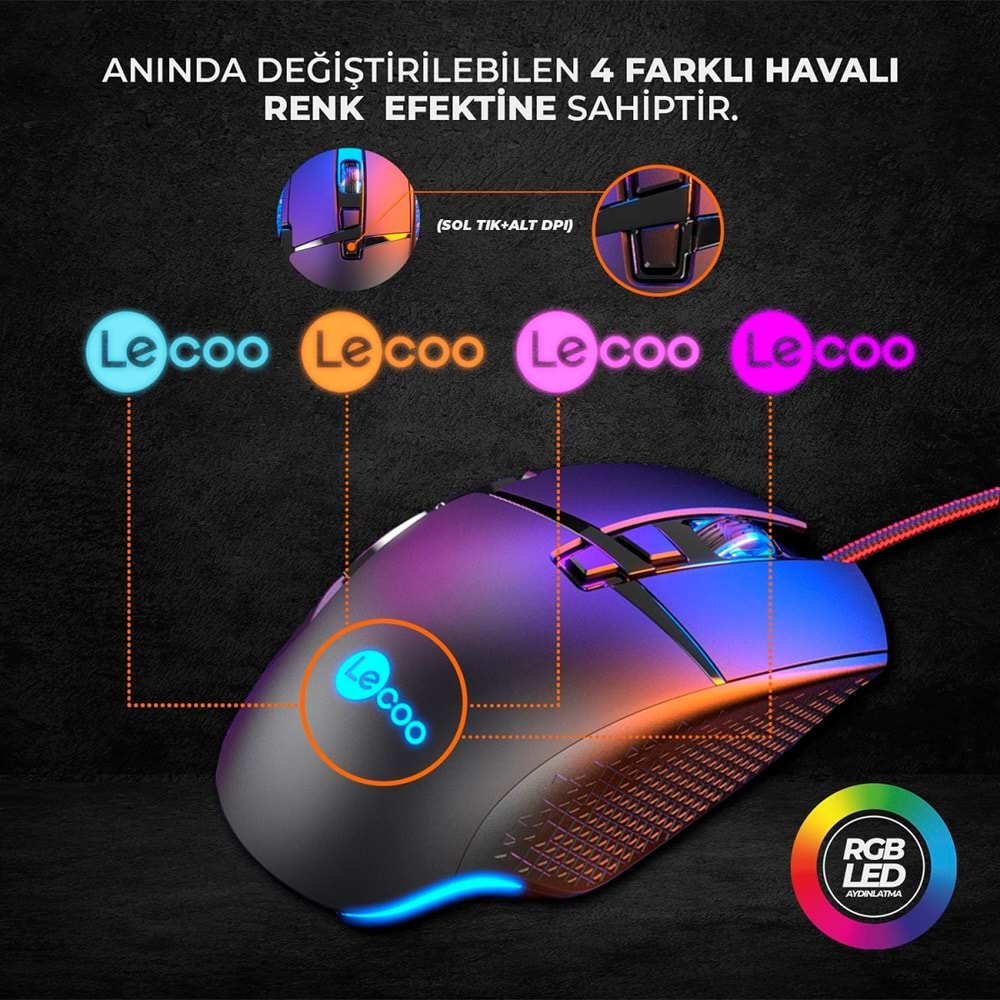 Lenovo Lecoo MG1101 Kablolu RGB LED Aydınlatmalı 6400DPI 8 Tuşlu Gaming Mouse Siyah