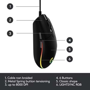 Logitech G203 Lightsync RGB Aydınlatmalı 8.000 DPI Kablolu Oyuncu Mouse, Siyah