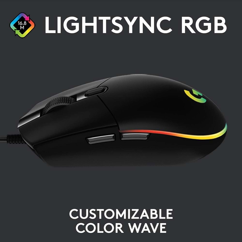 Logitech G203 Lightsync RGB Aydınlatmalı 8.000 DPI Kablolu Oyuncu Mouse, Siyah