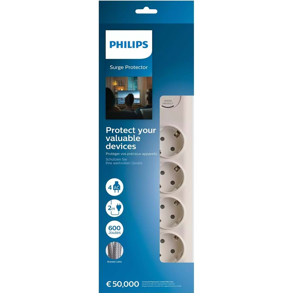 Philips SPN7040 Akım Korumalı Priz 4lü 2mt 600J, 3680W, Beyaz