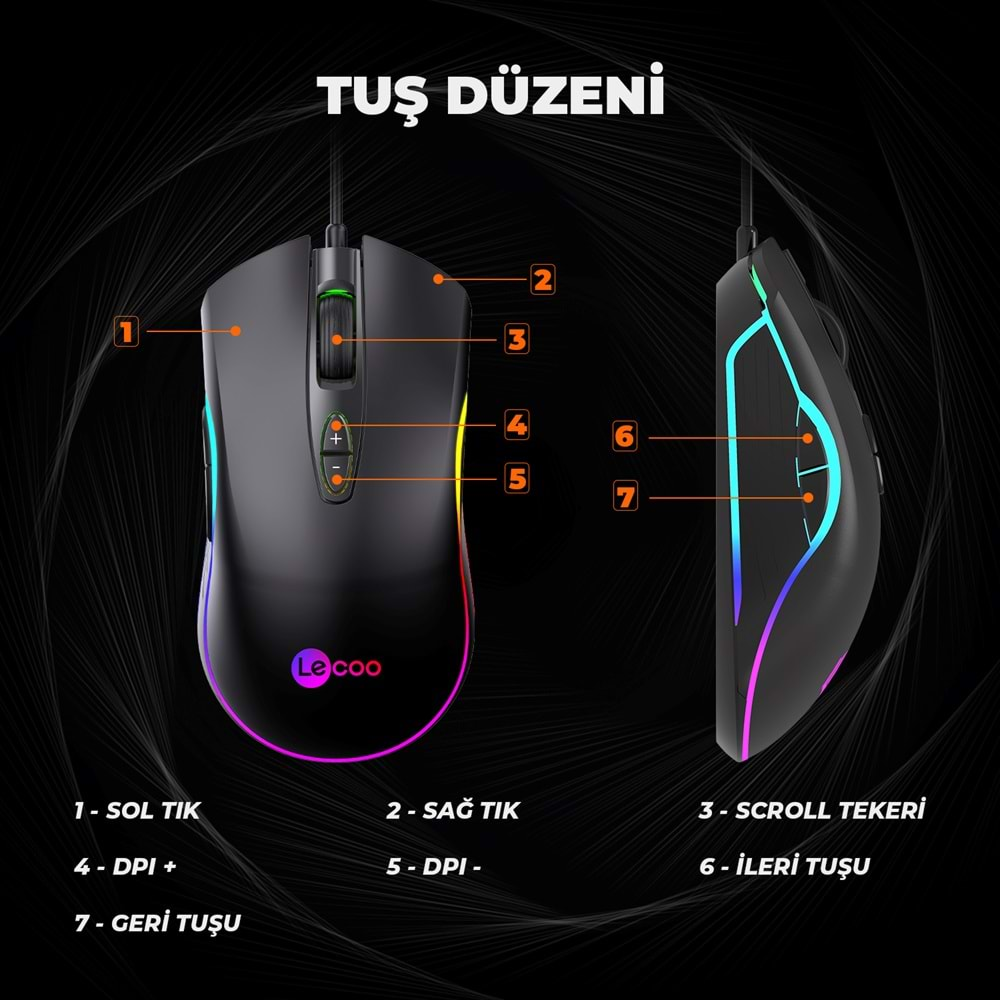 Lenovo Lecoo MS108 Kablolu RGB LED Aydınlatmalı 6400DPI 7 Tuşlu Gaming Mouse