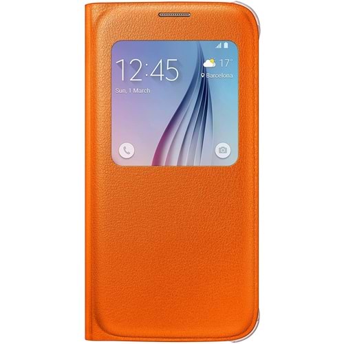 Samsung Galaxy S6 S-View Cover (Deri Görünümlü) Orjinal Kapaklı Kılıf, Turuncu