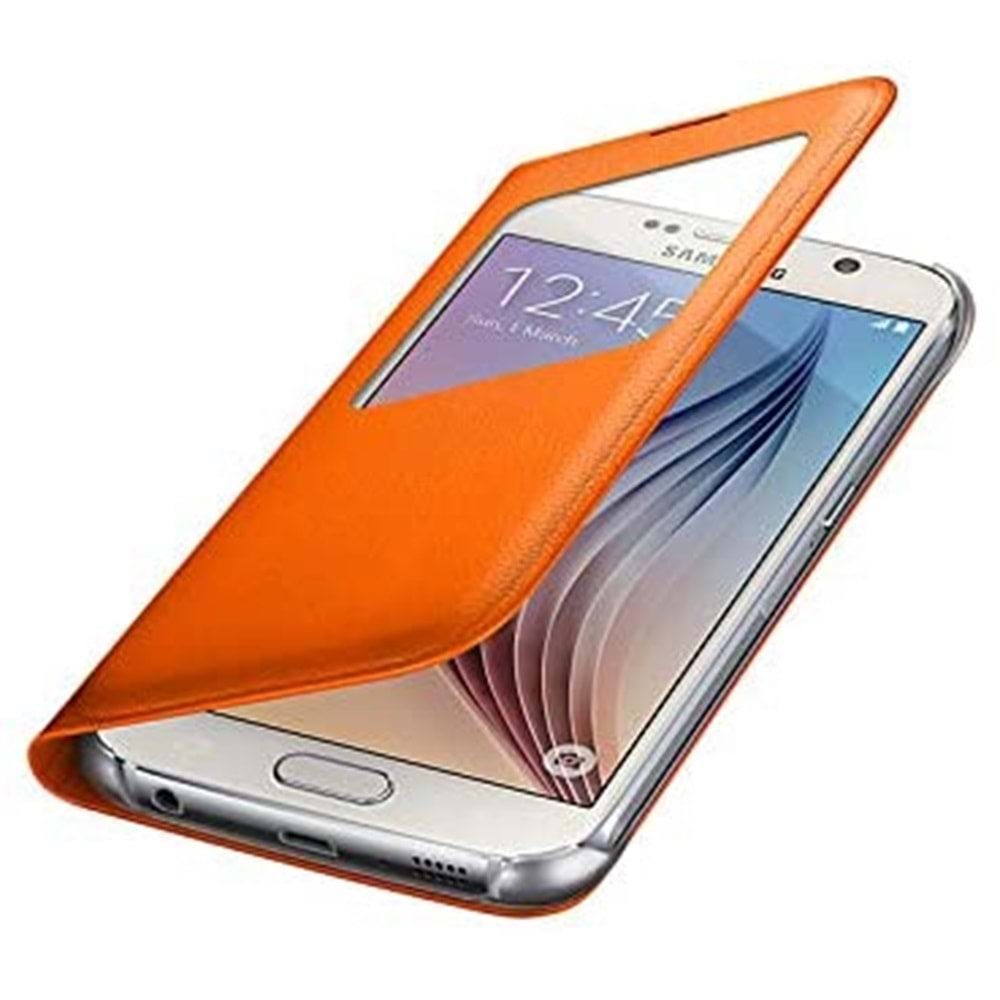 Samsung Galaxy S6 S-View Cover (Deri Görünümlü) Orjinal Kapaklı Kılıf, Turuncu