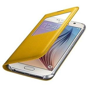 Samsung Galaxy S6 S-View Cover (Deri Görünümlü) Orjinal Kapaklı Kılıf, Sarı